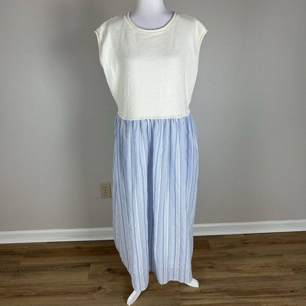 Boutique Size M Dress Preppy Multi Media Poplin Stripe Blue White Midi Coastal